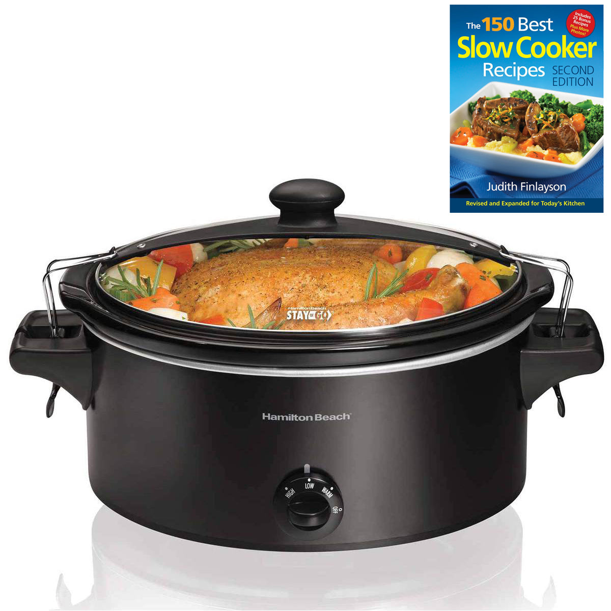 Hamilton Beach Stay or Go 6 Quart Slow Cooker with Handles & 150 Recipe Cookbook