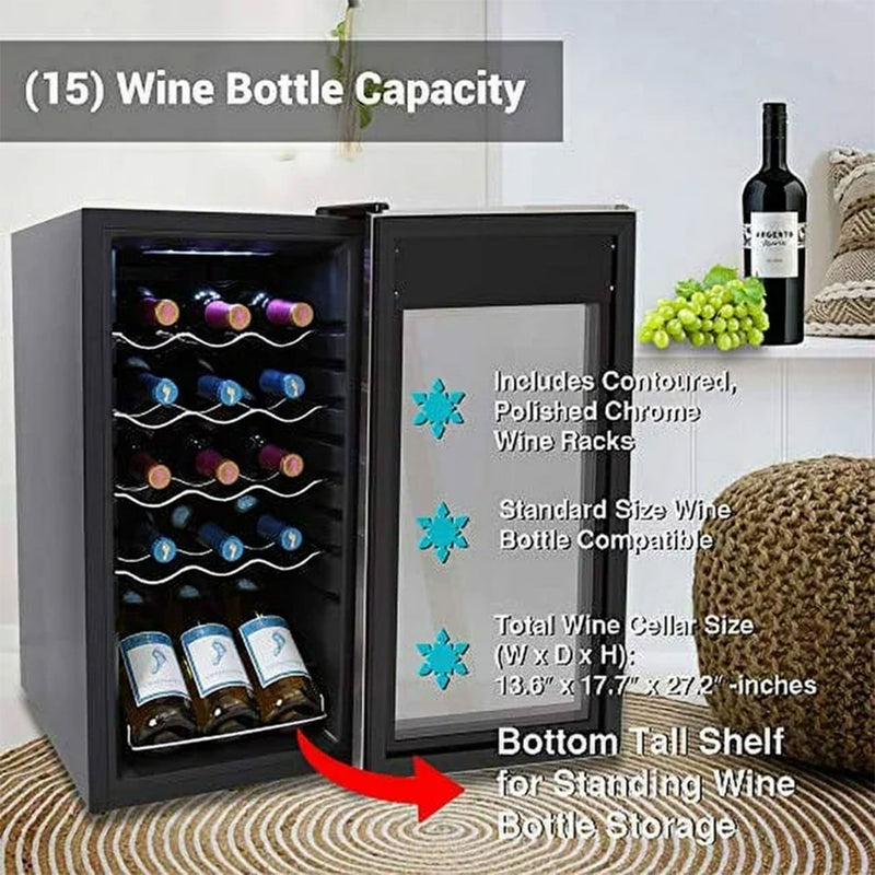 NutriChef Wine Chilling Countertop Cooler w/Digital Control, 15 Bottle Capacity