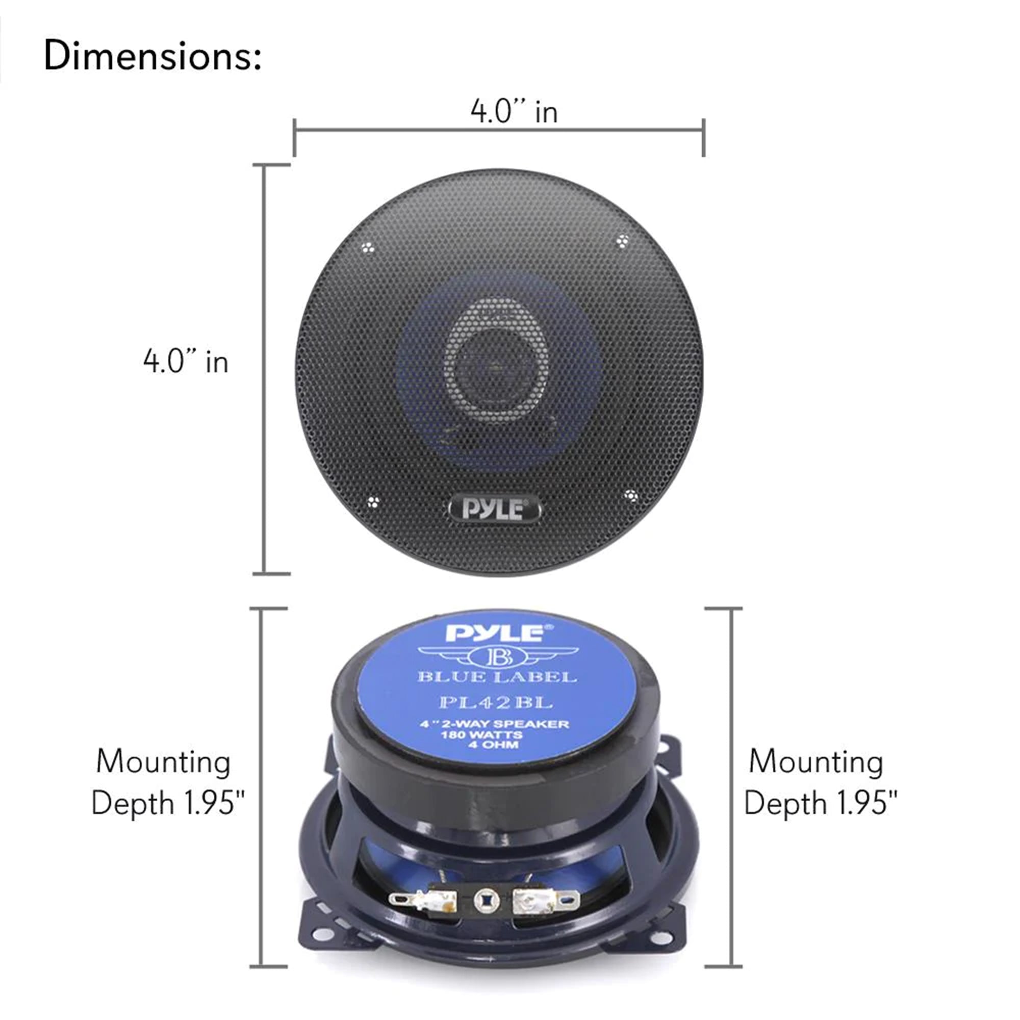 Pyle 4" Blue Poly Injection Cone 2 Way 180W Surround Sound Car Speakers (Used) - VMInnovations