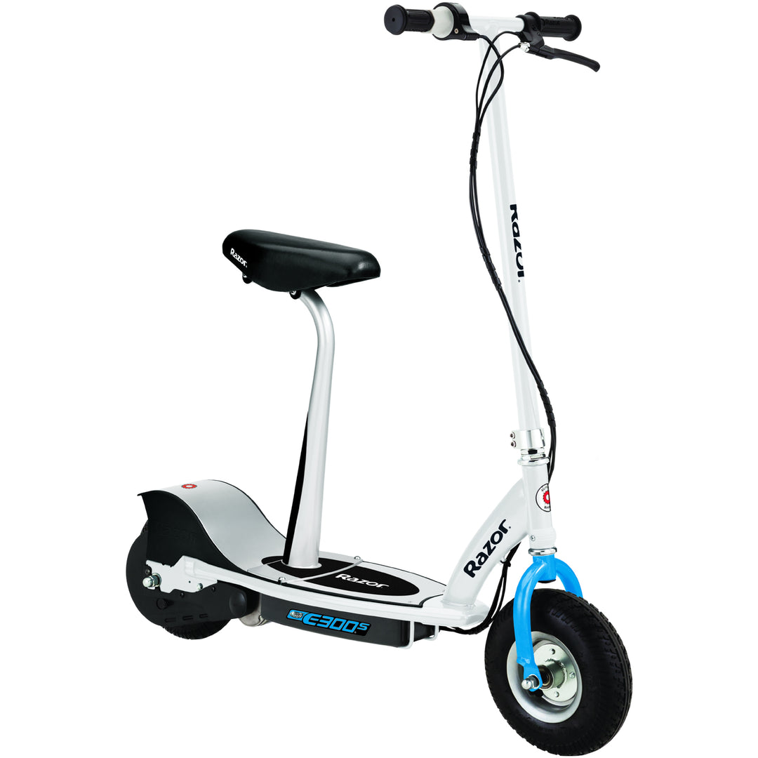 Razor Seated Electric Scooter for Kids, Pneumatic Tires, Seat, White/Blue (Used)