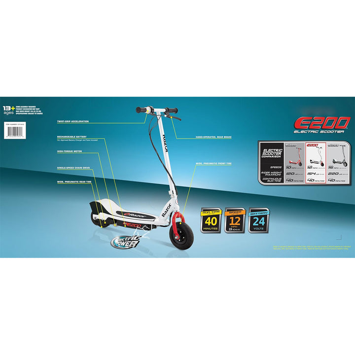 Razor E200 Electric Scooter for Teens, Adults, 8” Pneumatic Tires, White/Red