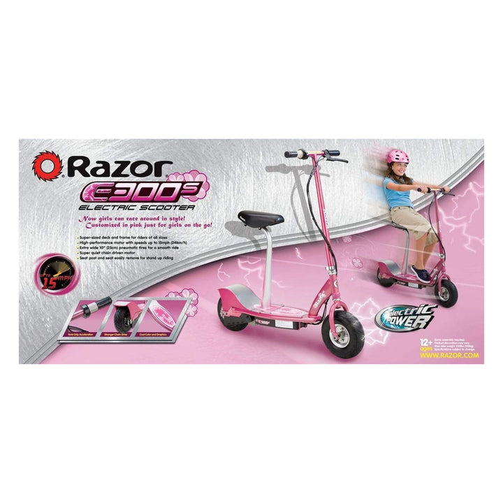 Razor E300S Seated Electric Scooter for Kids, Pneumatic Tires, Seat, Matte Pink
