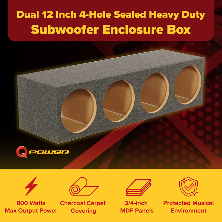 Q Power Quad 12 Inch 4-Hole Sealed Subwoofer Box, Heavy Duty MDF Enclosure