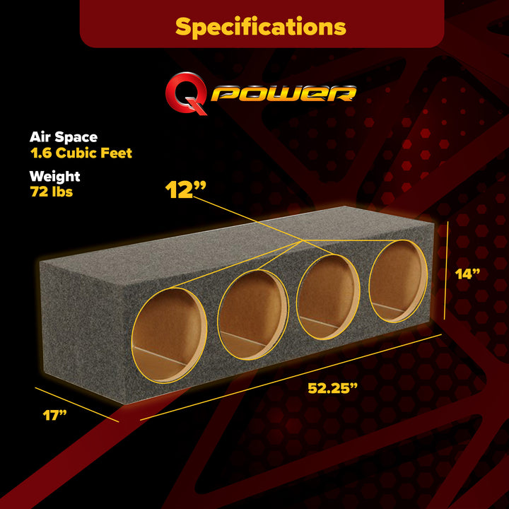 Q Power Quad 12 Inch 4-Hole Sealed Subwoofer Box, Heavy Duty MDF Enclosure