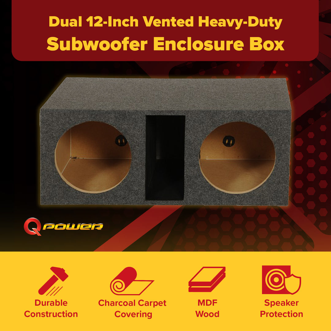 Q Power Dual 12" Vented Subwoofer Box, Heavy Duty Extra Large Bass Enclosure