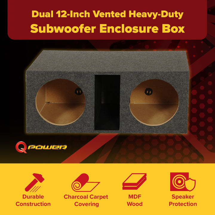Q Power Dual 12" Vented Subwoofer Box, Heavy Duty Extra Large Bass Enclosure