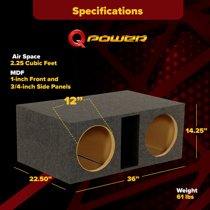 Q Power Dual 12" Vented Subwoofer Box, Heavy Duty Extra Large Bass Enclosure