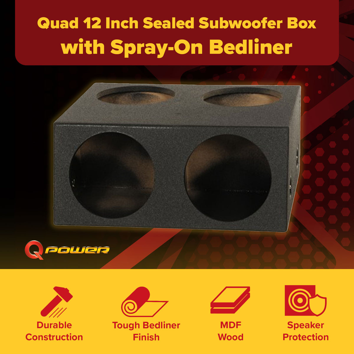 Q Power Quad 12 Inch Sealed Subwoofer Box with Spray-On Bedliner (Open Box)