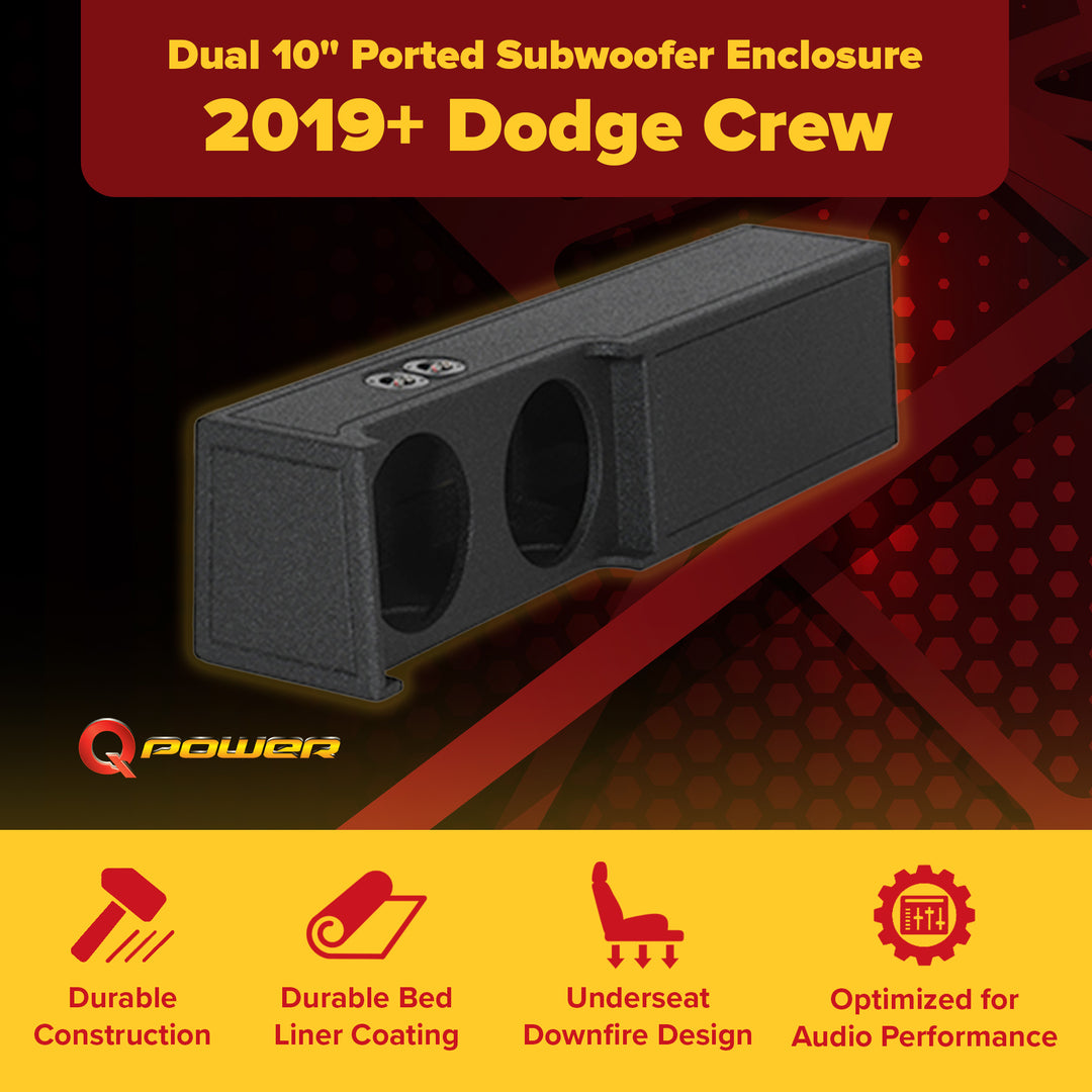 Q Power Dual 10" Ported Subwoofer Enclosure, 2019+ Dodge Crew, Audio Box, Black