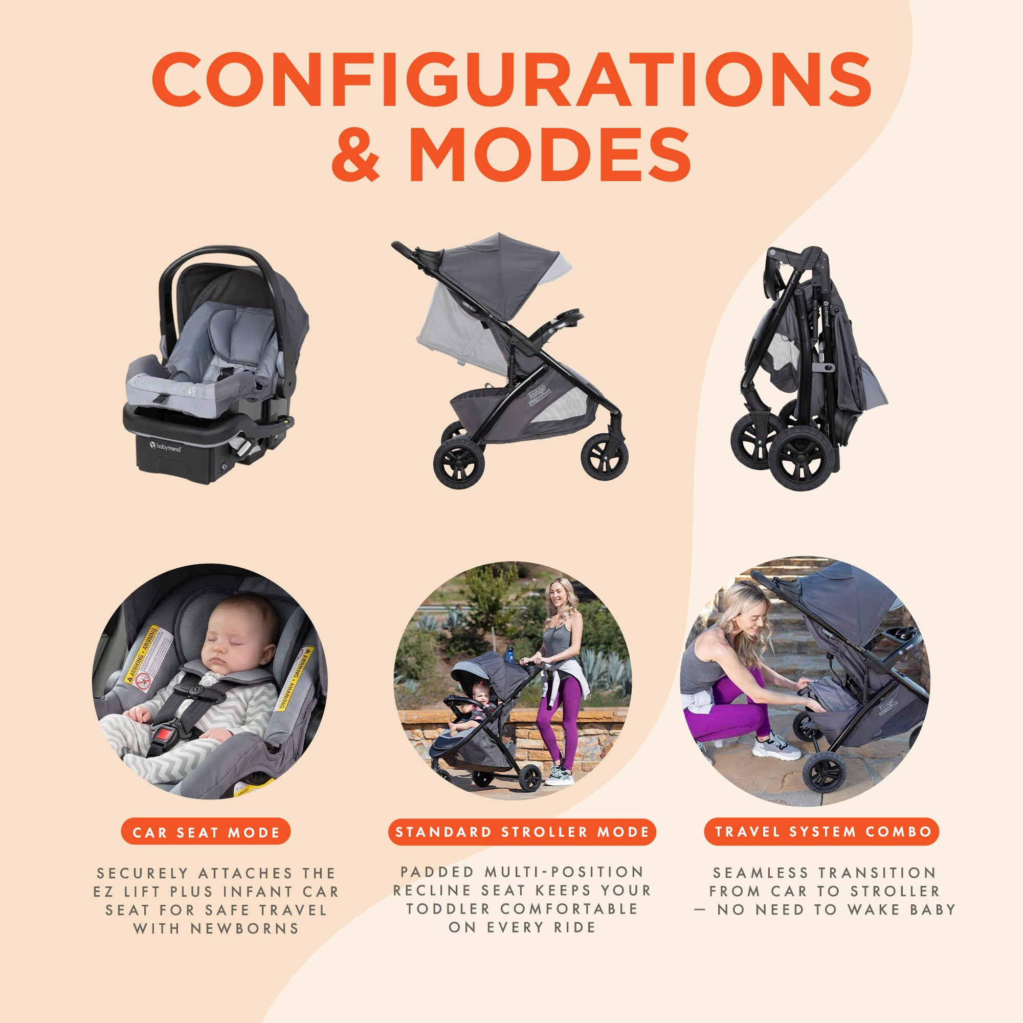 Baby Trend Tango 3 Wheel Stroller Travel System w/ EZ-Lift Plus Infant Car Seat