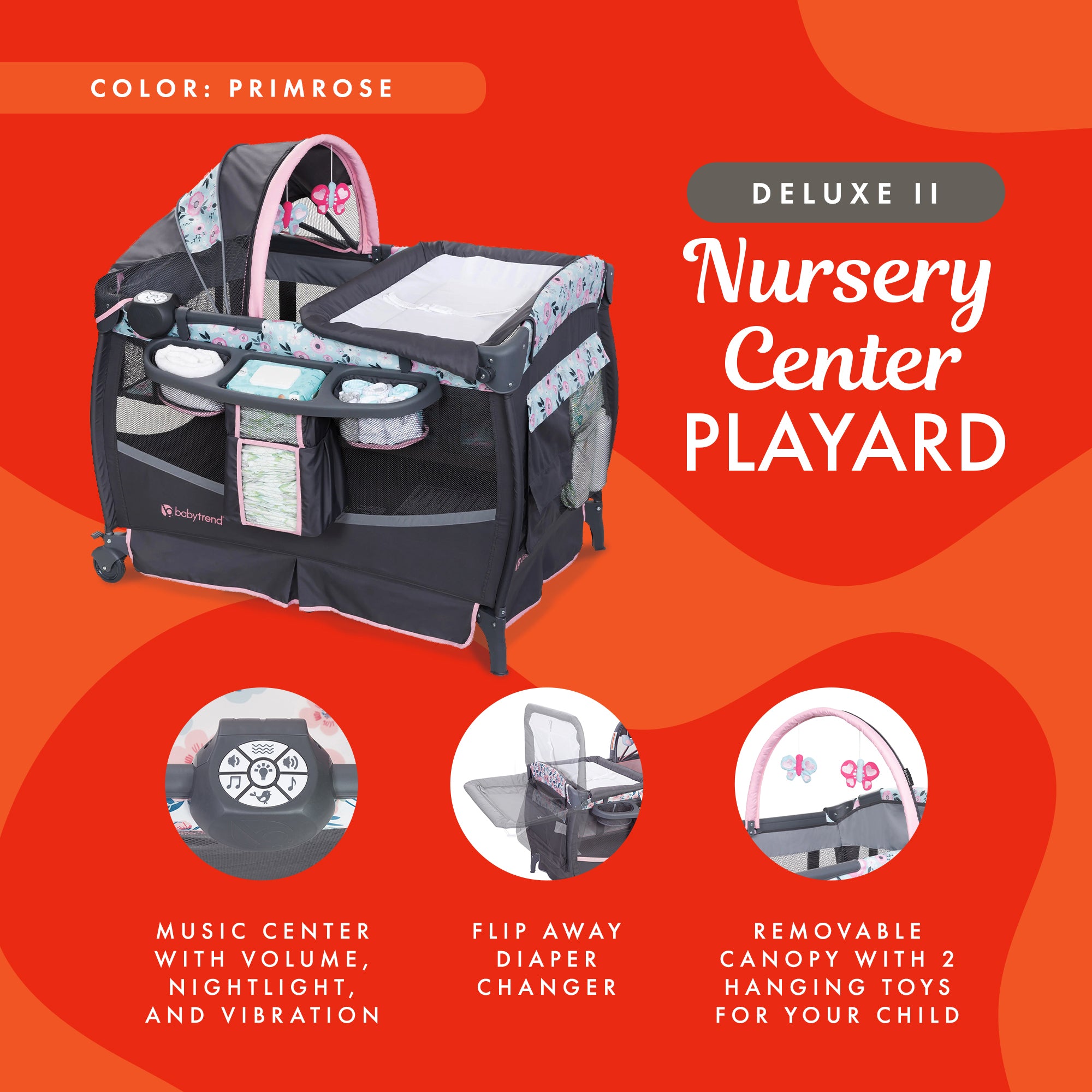 Baby Trend Deluxe II Nursery Center Playard Bassinet & Changing Table, Primrose - VMInnovations
