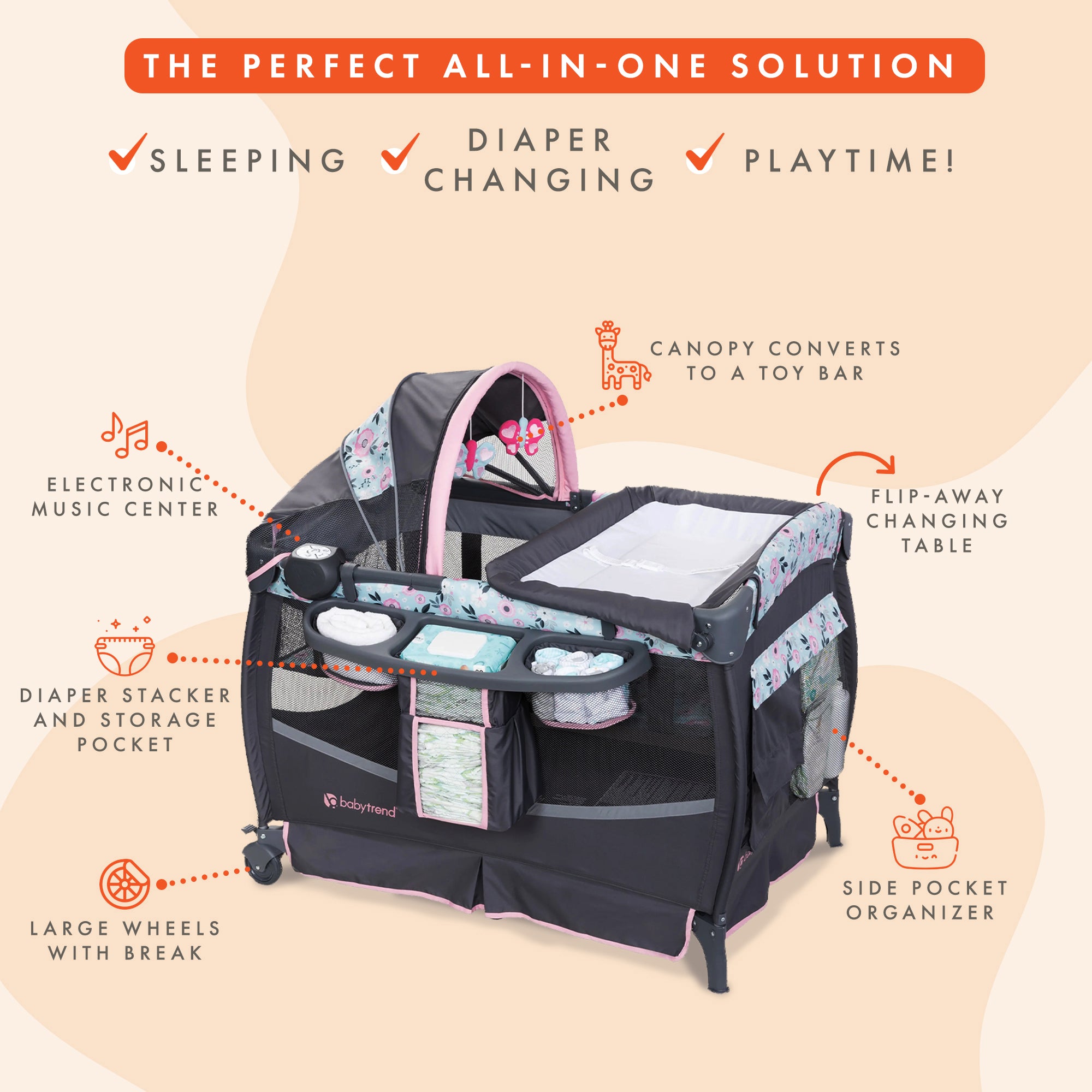 Baby Trend Deluxe II Nursery Center Playard Bassinet & Changing Table, Primrose - VMInnovations