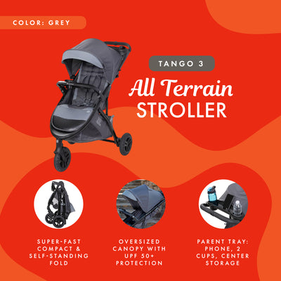 Baby Trend Tango 3 All Terrain Travel Stroller with Canopy and 8" Tires, Grey - VMInnovations
