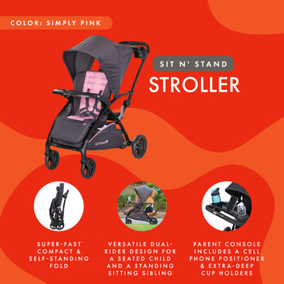 Baby Trend Sit N' Stand 2.0, 5-in-1 Stroller with Canopy and Basket, Simply Pink