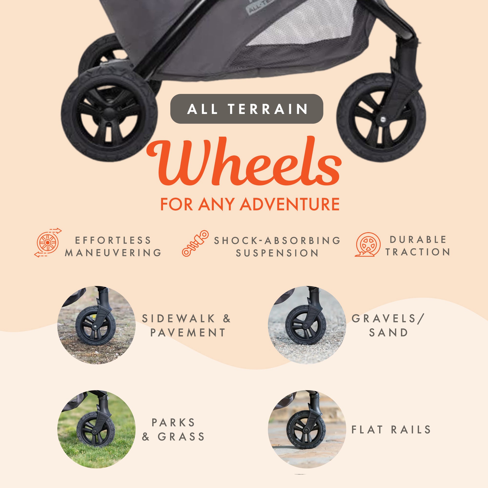Baby Trend Tango 3 All Terrain Travel Stroller with Canopy and 8" Tires, Grey - VMInnovations