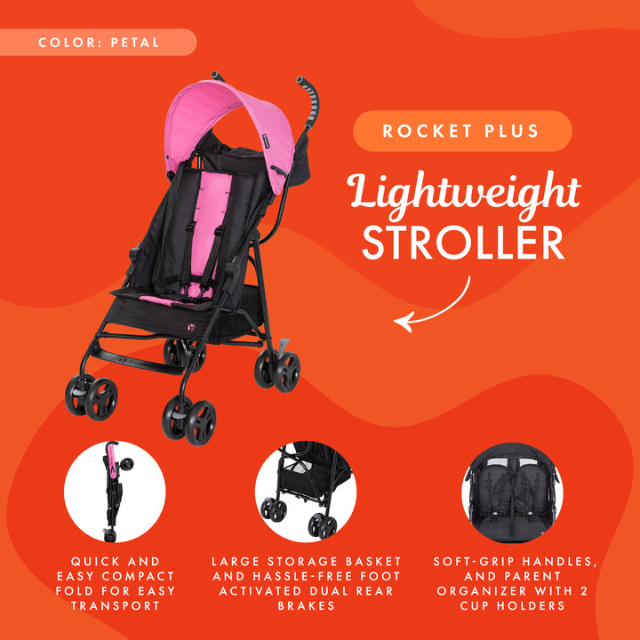 Baby Trend Rocket PLUS Lightweight Single Stroller with Adjusting Canopy, Petal