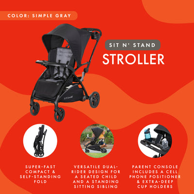 Baby Trend Sit N' Stand 2.0, 5-in-1 Stroller with Canopy and Basket, Simple Grey - VMInnovations