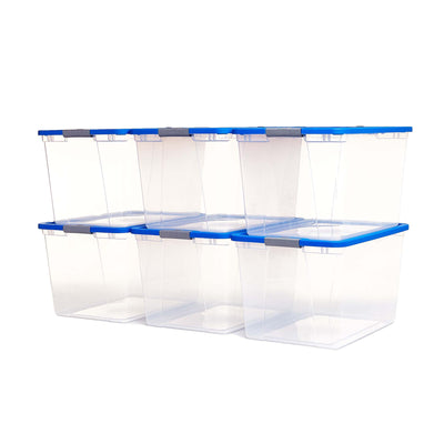 Homz 64 Qt Secure Latch Large Storage Container Bin w/ Blue Lid, Clear (6 Pack) - VMInnovations