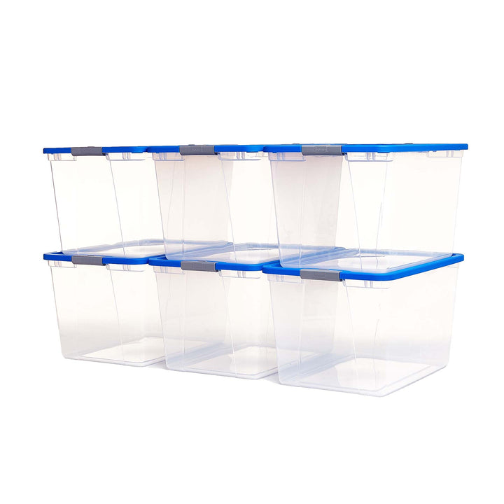 Homz 64 Qt Secure Latch Large Storage Container Bin w/ Blue Lid, Clear (6 Pack)