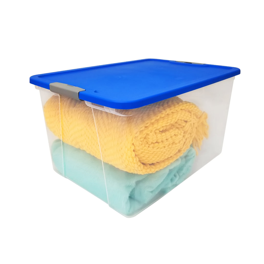 Homz 64 Qt Secure Latch Large Storage Container Bin w/ Blue Lid, Clear (6 Pack)