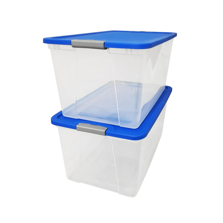 Homz 64 Qt Secure Latch Large Storage Container Bin w/ Blue Lid, Clear (6 Pack)