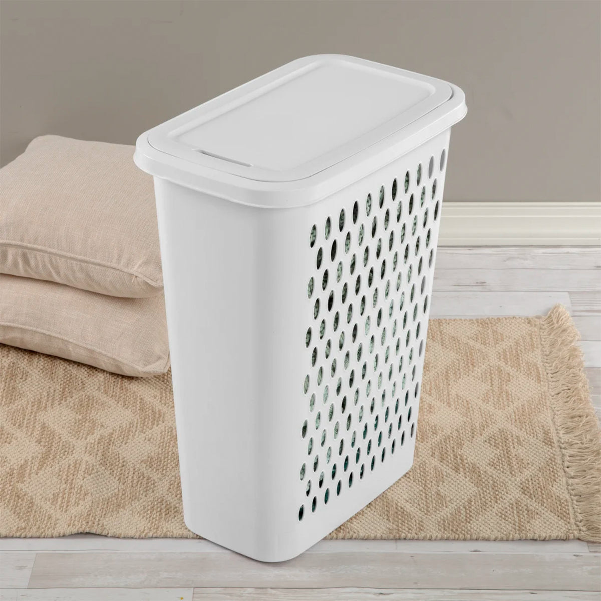 Sterilite Slim Laundry Hamper, 1.75 Bushel Clothes Basket w/ Lid, White, 12 Pack