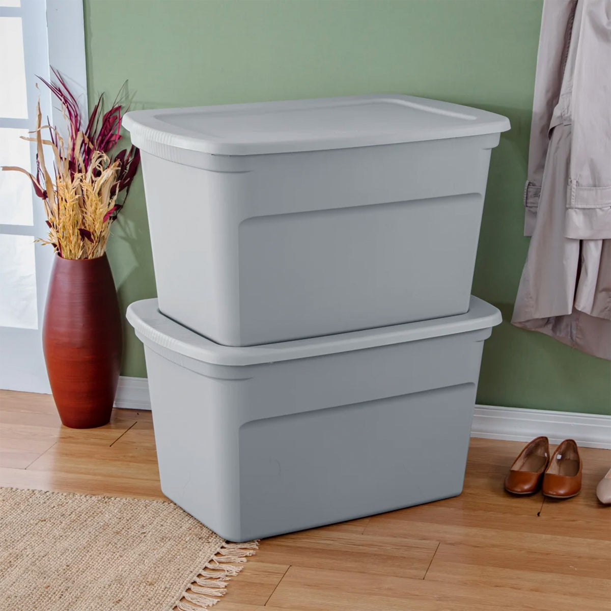 Sterilite 30 Gal Plastic Tote Storage Container w/ Snap On Lid, Cement, 18 Pack