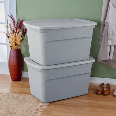 Sterilite 30 Gal Plastic Tote Storage Container w/ Snap On Lid, Cement, 18 Pack