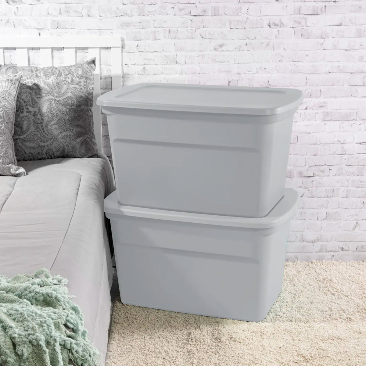 Sterilite 30 Gal Plastic Tote Storage Container with Snap On Lid, Cement, 6 Pack