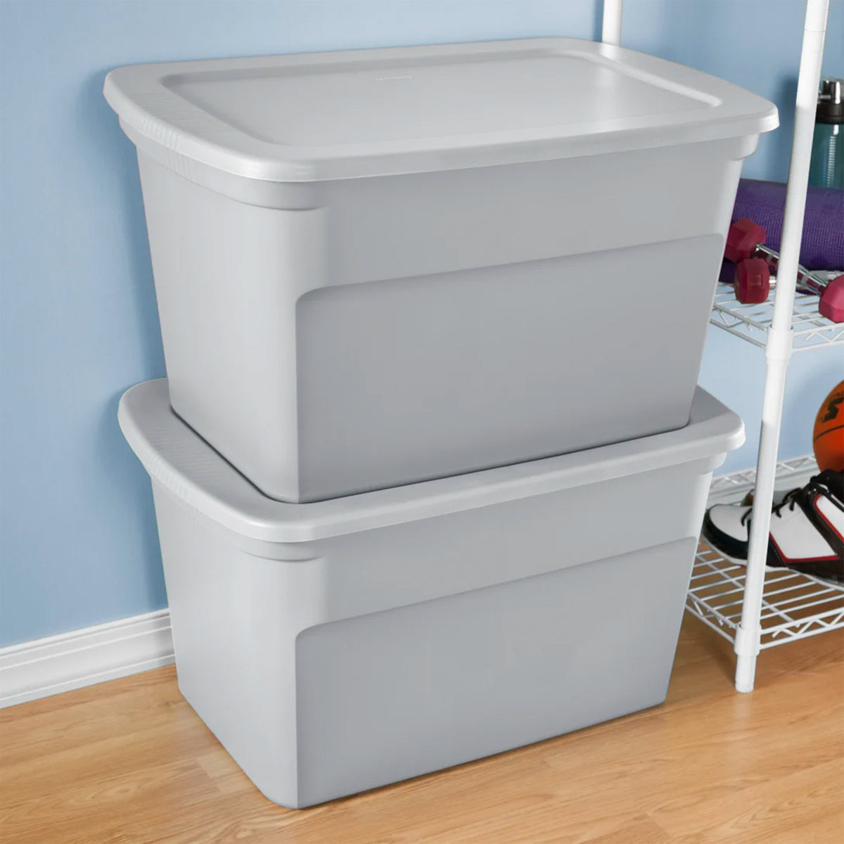 Sterilite 30 Gal Plastic Tote Storage Container with Snap On Lid, Cement, 6 Pack