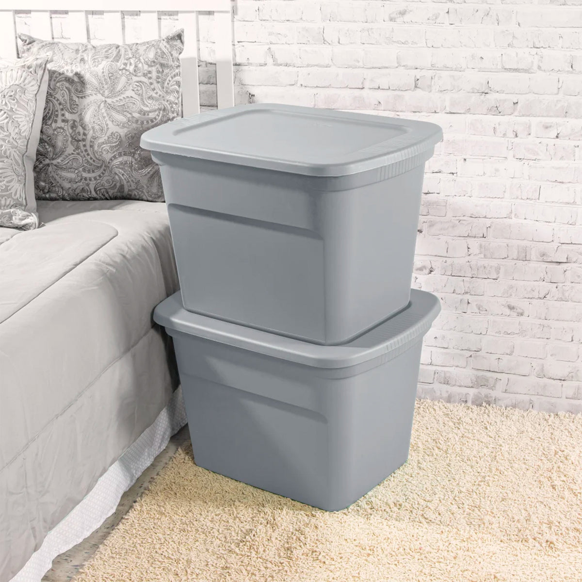 Sterilite 18 Gal Plastic Tote Storage Container with Snap On Lid, Cement, 8 Pack