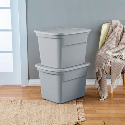 Sterilite 18 Gal Plastic Tote Storage Container with Snap On Lid, Cement, 32Pack