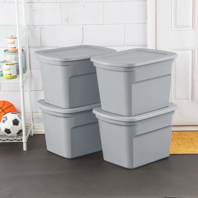 Sterilite 18 Gal Plastic Tote Storage Container with Snap On Lid, Cement, 32Pack