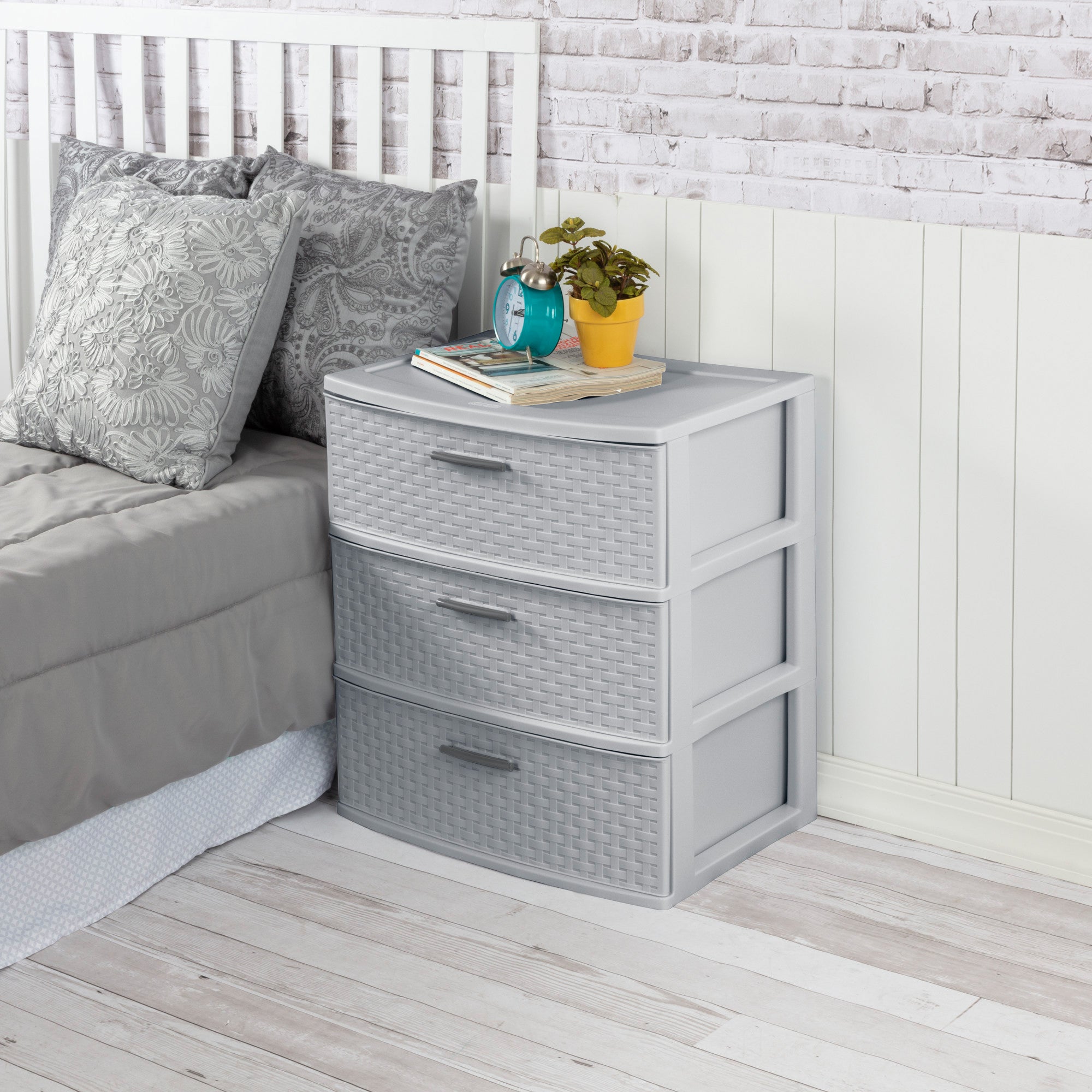 Sterilite 3 Drawer Wide Storage Tower, Plastic Weave Organizer, Cement, 2 Pack - VMInnovations