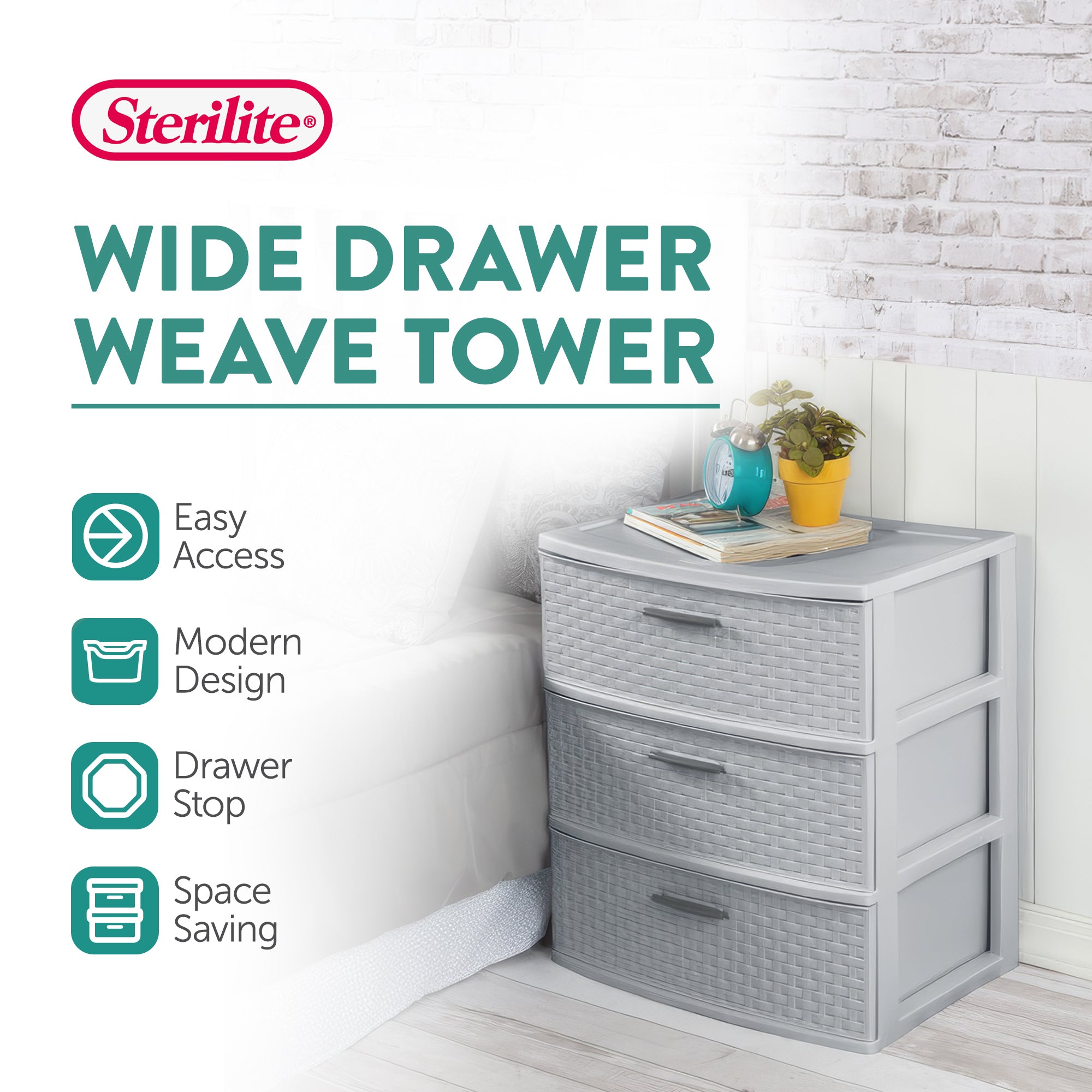 Sterilite 3 Drawer Wide Storage Tower, Plastic Weave Organizer, Cement, 2 Pack - VMInnovations