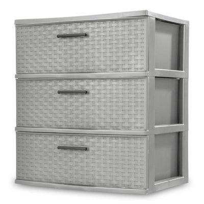 Sterilite 3 Drawer Wide Storage Tower, Plastic Weave Organizer, Cement, 3 Pack - VMInnovations