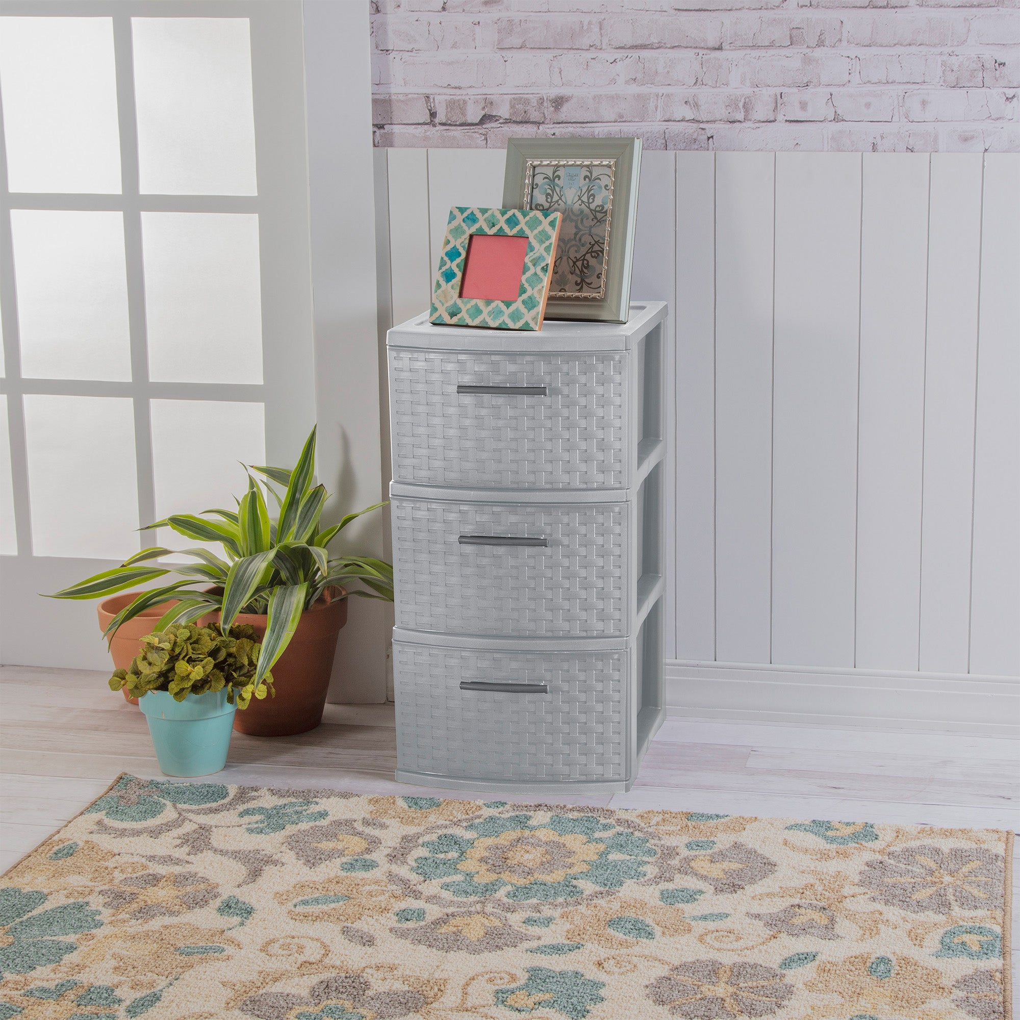 Sterilite 3 Drawer Storage Tower, Plastic Weave Medium Organizer, Cement, 6 Pack