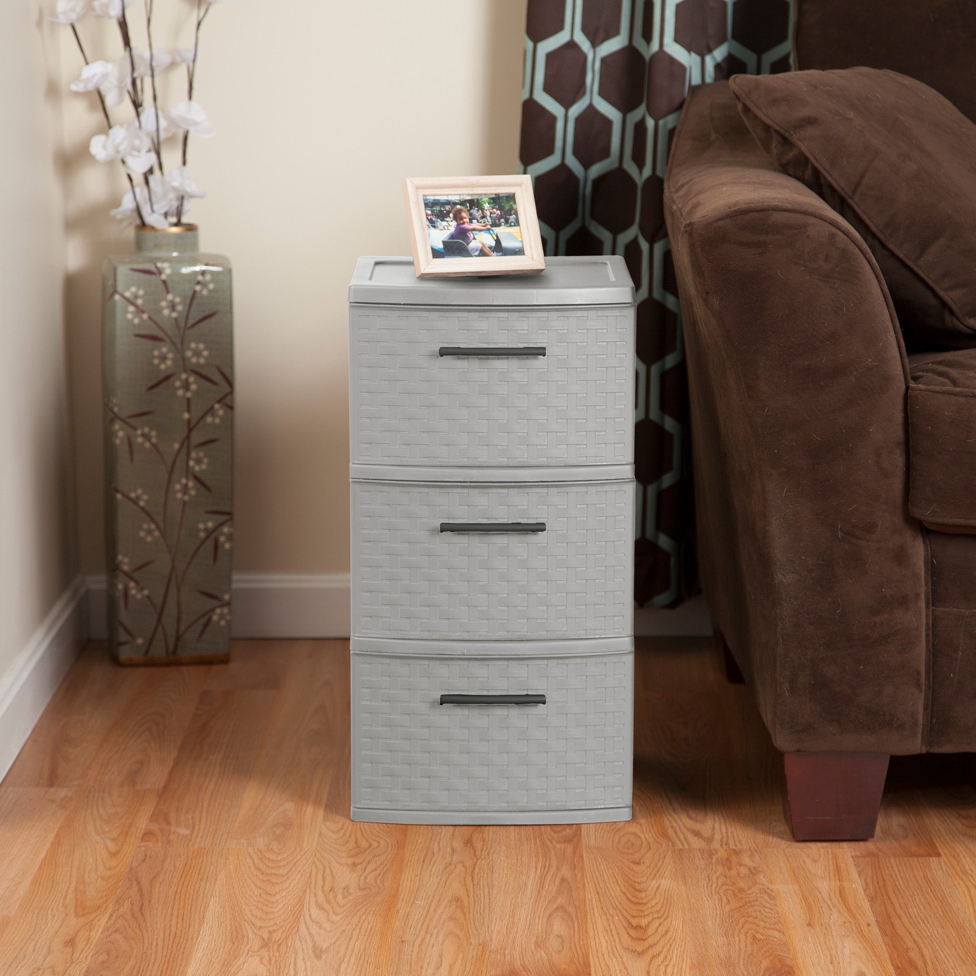 Sterilite 3 Drawer Storage Tower, Plastic Weave Medium Organizer, Cement, 2 Pack