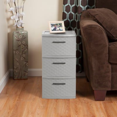 Sterilite 3 Drawer Storage Tower, Plastic Weave Medium Organizer, Cement, 6 Pack