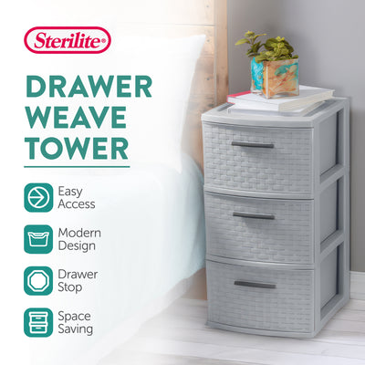 Sterilite 3 Drawer Storage Tower, Plastic Weave Medium Organizer, Cement, 6 Pack