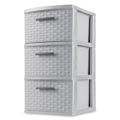 Sterilite 3 Drawer Storage Tower, Plastic Weave Medium Organizer, Cement, 4 Pack - VMInnovations
