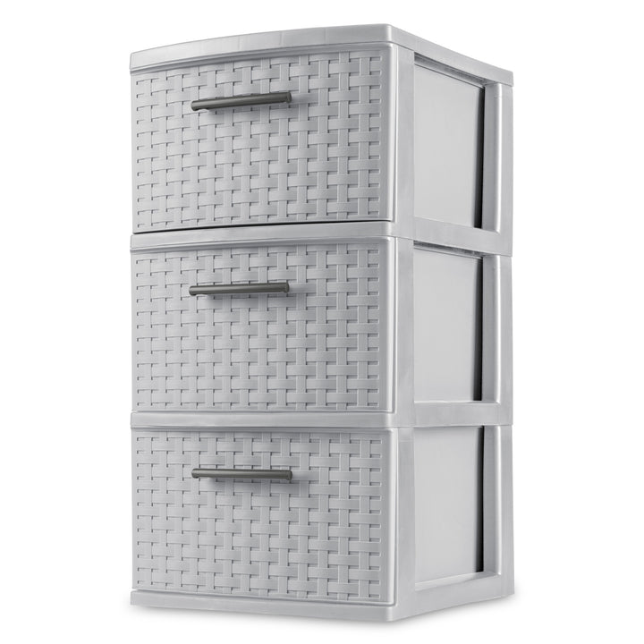 Sterilite 3 Drawer Storage Tower, Plastic Weave Medium Organizer, Cement, 6 Pack