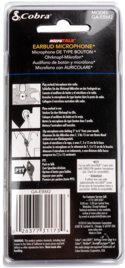 Cobra Earbud And Microphone MicroTalk Walkie Talkie Radio Headset (Open Box)