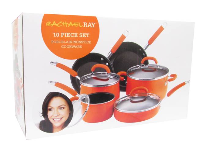 Rachael Ray 10-Piece Porcelain Cookware Set Nonstick Pans Pots Orange - Open Box