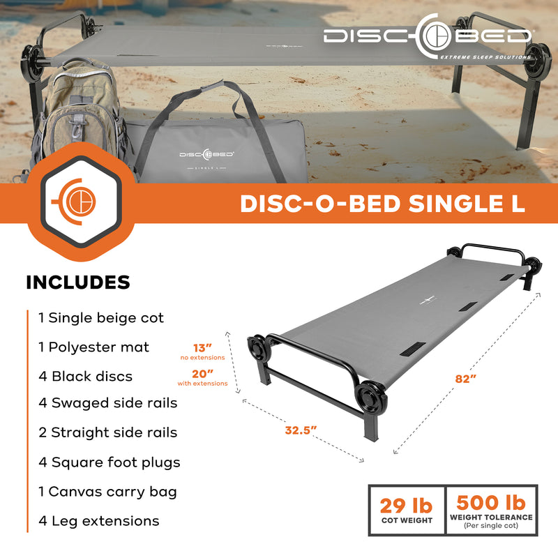 Disc-O-Bed Single Modular Portable Polyester Cot for Indoors and Outdoors, Grey