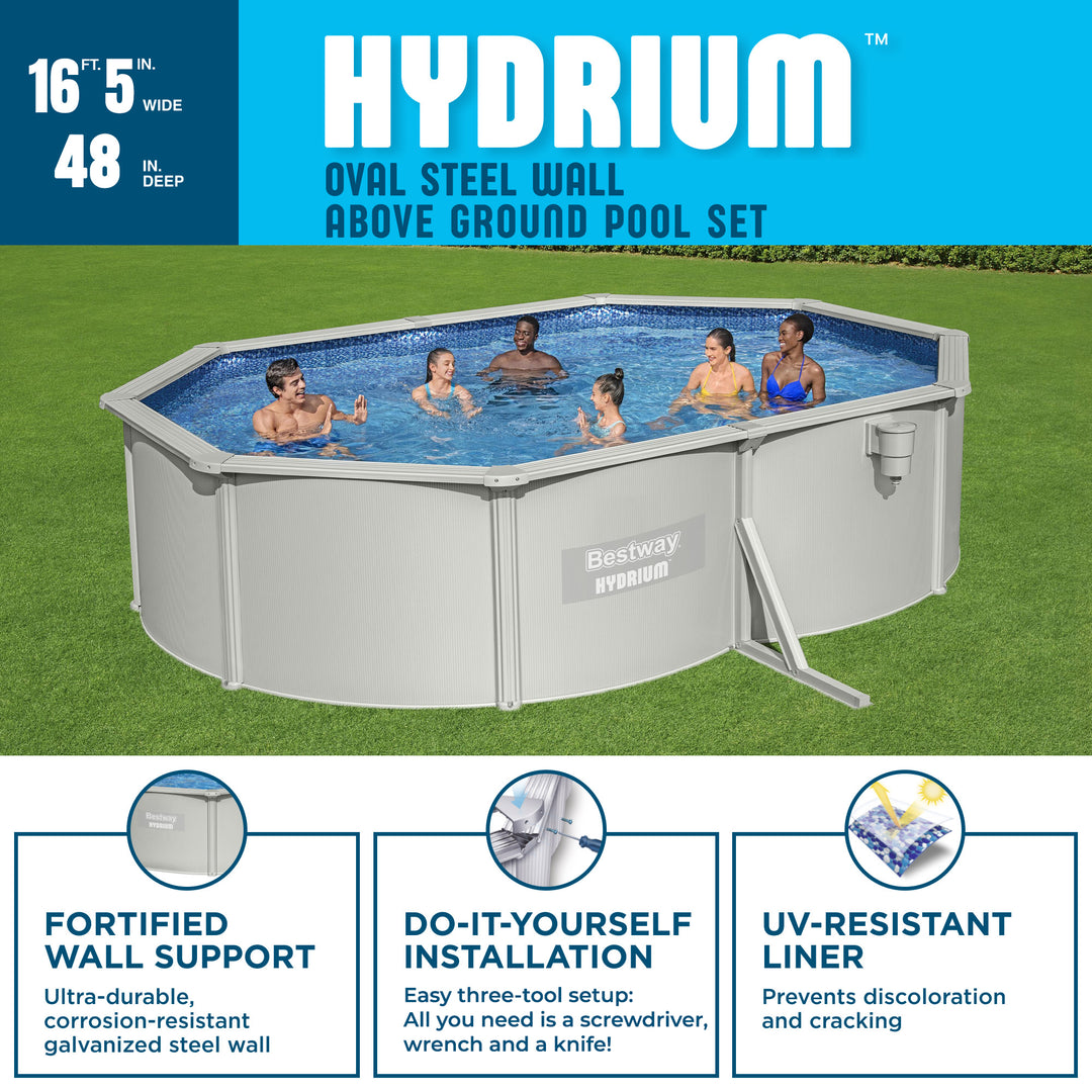 Bestway Hydrium 16’5” x 12’ x 48” Steel Wall Oval Above Ground Swimming Pool Set
