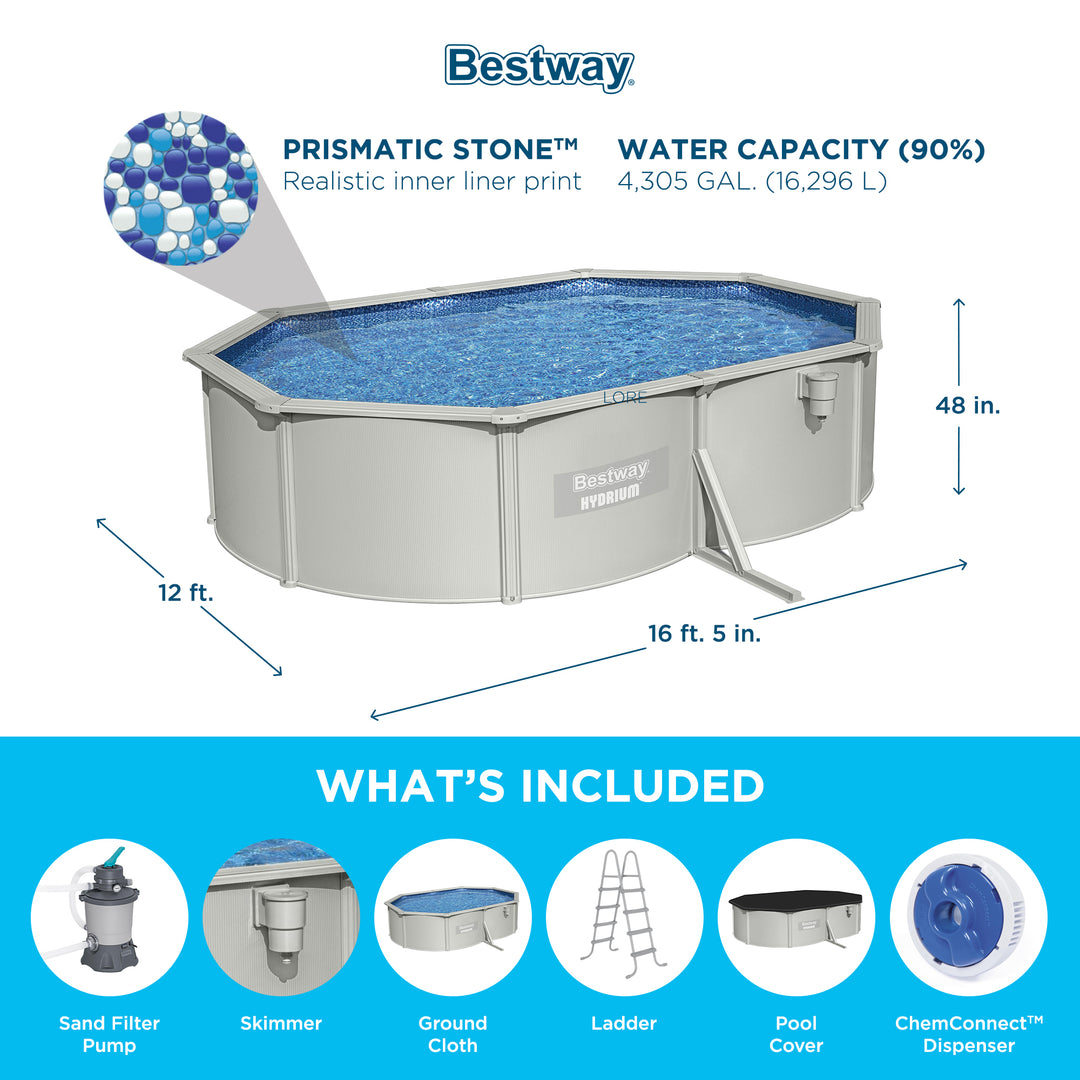 Bestway Hydrium 16’5” x 12’ x 48” Steel Wall Oval Above Ground Swimming Pool Set