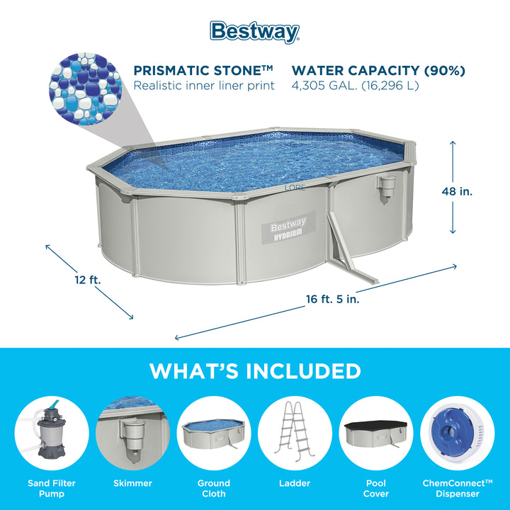 Bestway Hydrium 16’5” x 12’ x 48” Steel Wall Oval Above Ground Swimming Pool Set