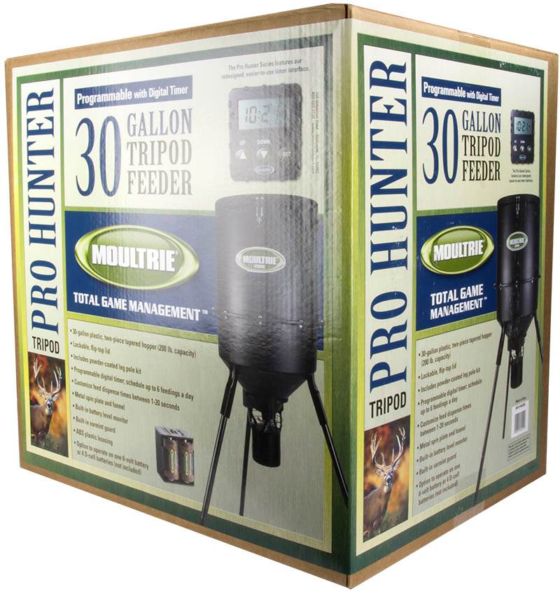 New! MOULTRIE 30 Gal. Pro Tripod Feeder + DSP Solar Panel + 6V Battery + Charger