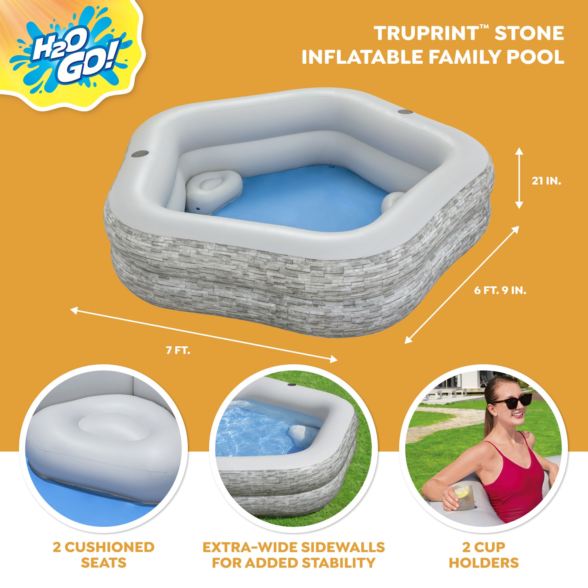 H20GO! TruPrint Stone Inflatable Kiddie Swimming Pool, 7' x 6'9" x 21" (Used) - VMInnovations